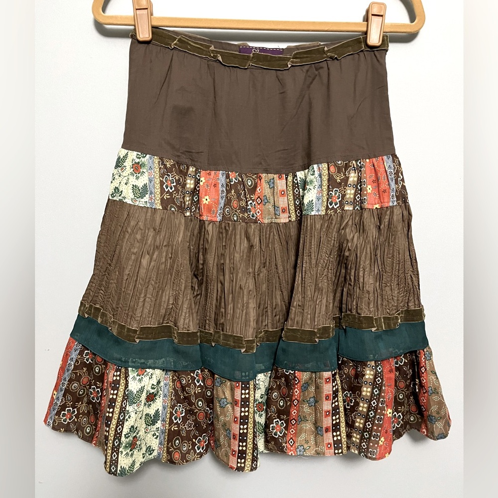 Mugigae Boho style multi color tiered skirt with velvet trim